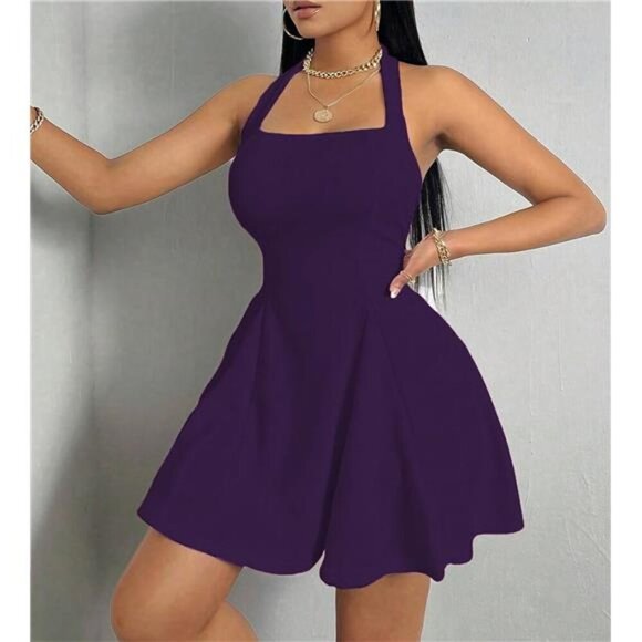 Women's Summer Dress Sleeveless Halter Neck Purple - Picture 4 of 5